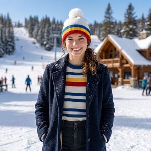 Knit Beanie with Pom Pom Multicolor Stripes Beige Acrylic Retro